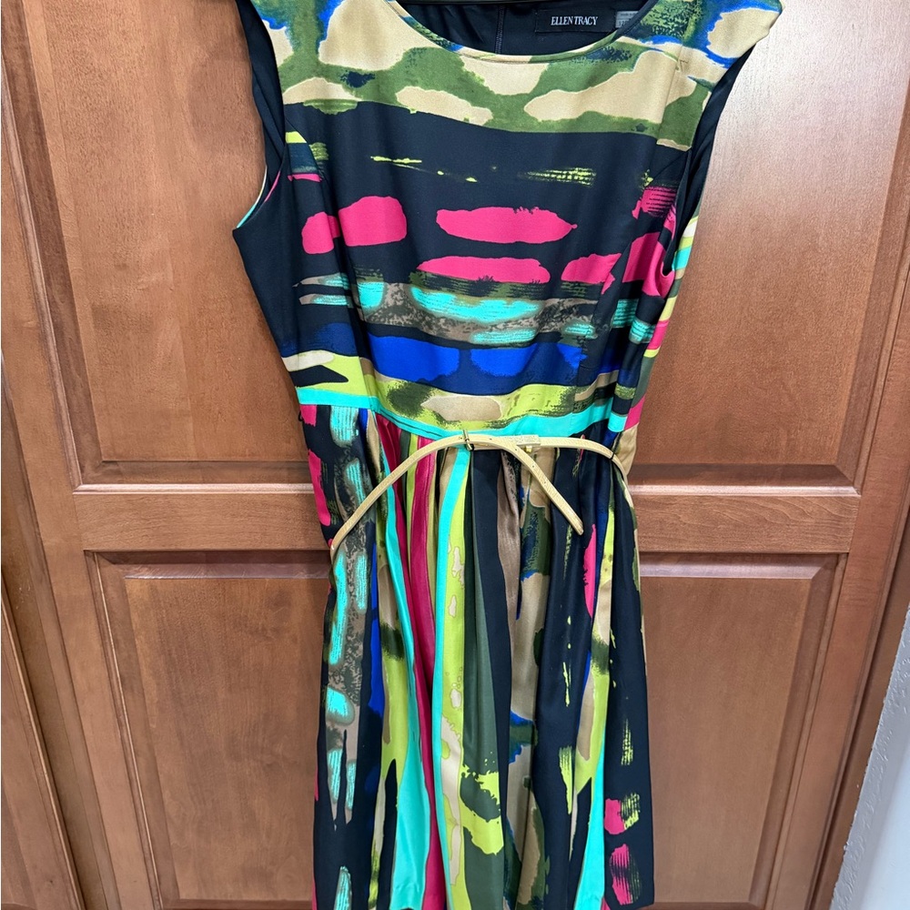 Ellen Tracy Multicolor Brushstroke Midi Dress — Black, Pink, Blue, Green, Gold